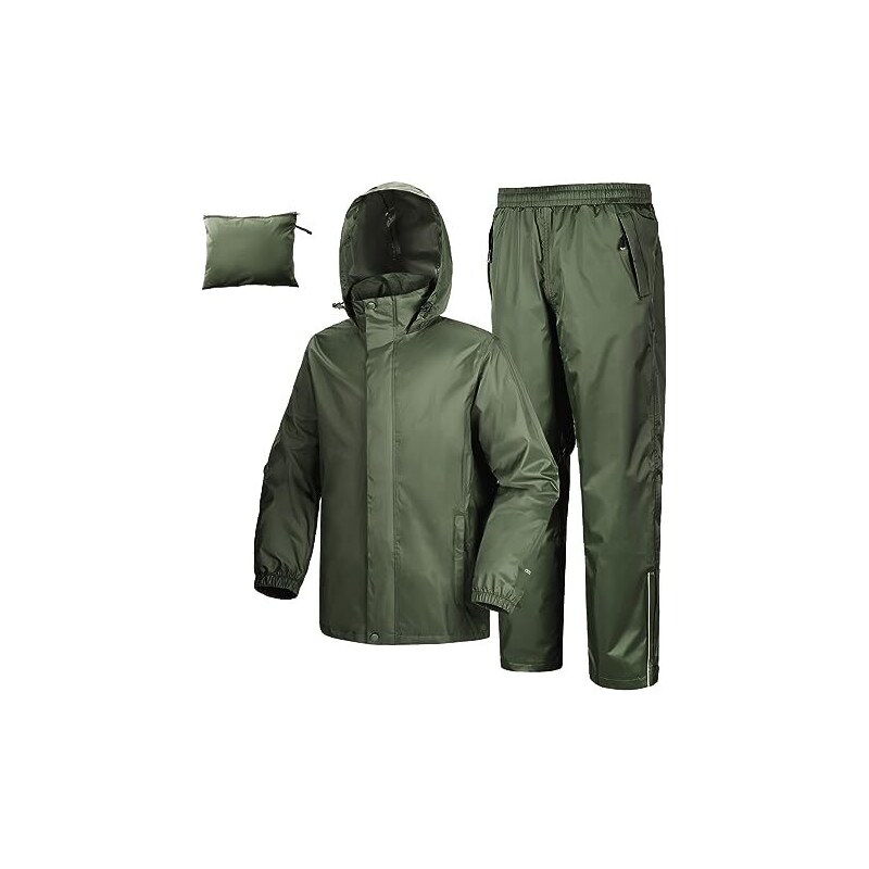 33,000ft Tuta antipioggia da uomo riflettente leggero impermeabile +  pantaloni antipioggia set traspirante per pesca escursionismo, verde  militare, S 