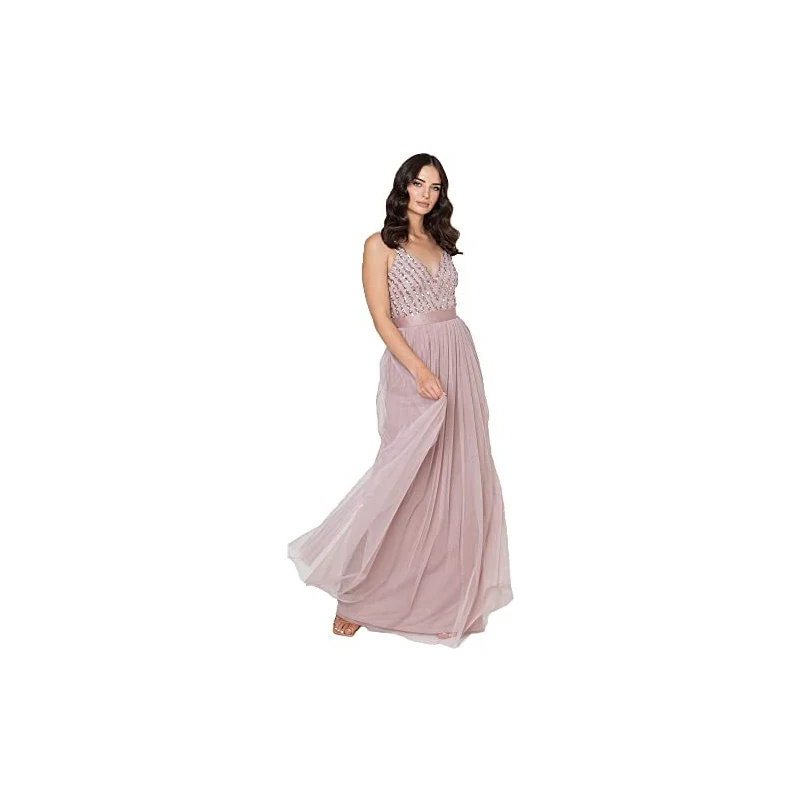 Maya Deluxe Women's Ladies Maxi Dress Sleeveless Halterneck Tiered Floral Embroidered A-Line for Wedding Guest Evening Ball Gown Vestito, Frosted Pink, 42 Donna