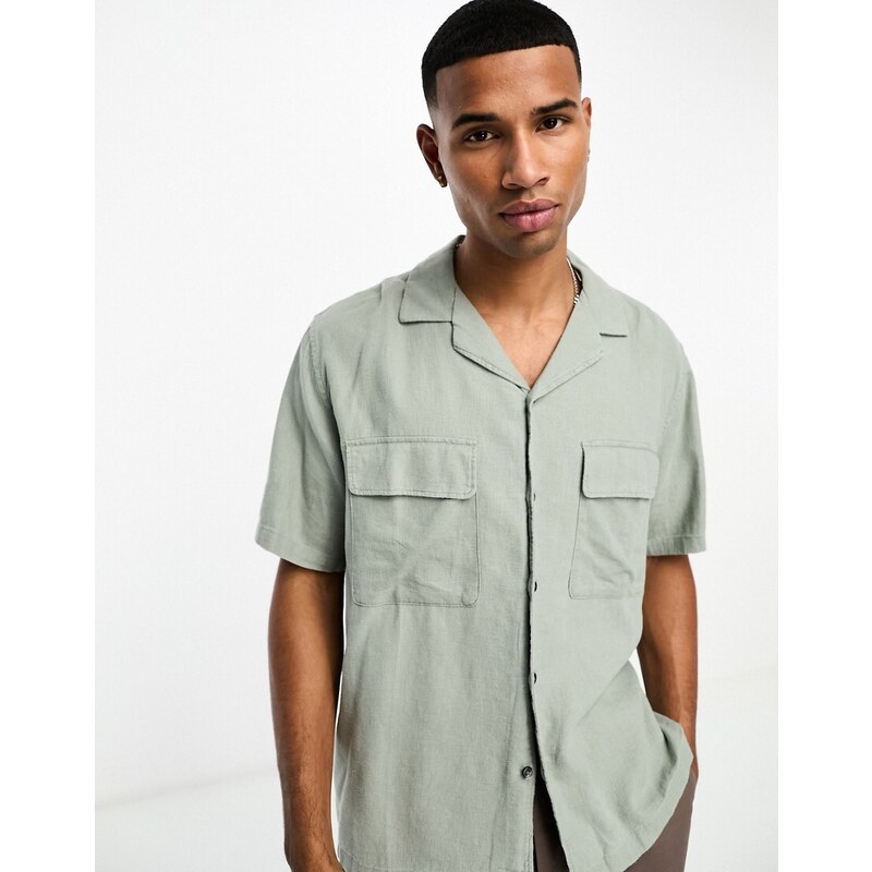 Abercrombie & Fitch - Camicia a maniche corte verde in lino con colletto rever