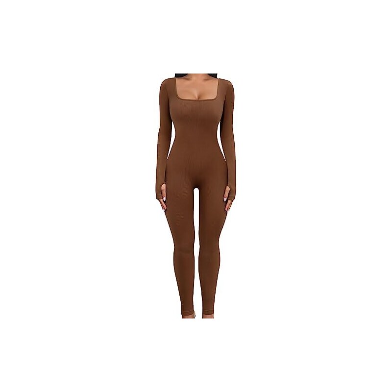 JYIXXZX Tuta Intera Donna Tutina Aderente Manica Lunga Yoga Jumpsuit Sportiva Push Up Pagliaccetto Scollo U Completo Tinta Unica One Piece Palestra Leggings Moda Elastico Rompers Per Fitness Clubwear - 10