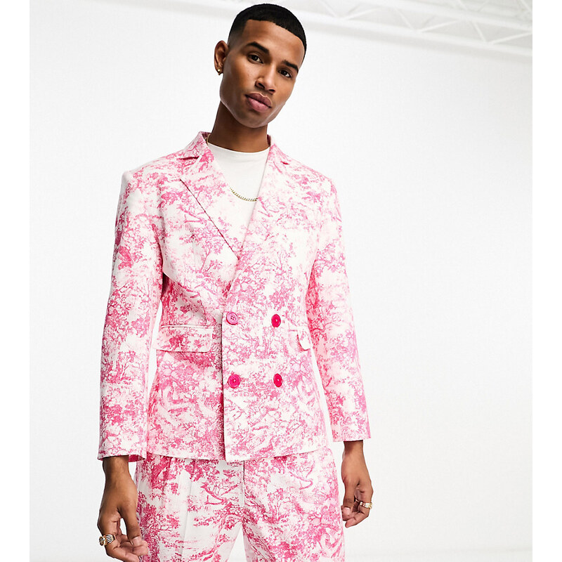 Labelrail x Stan & Tom - Blazer da abito doppiopetto aderente rosa con stampa toile de jouy in coordinato