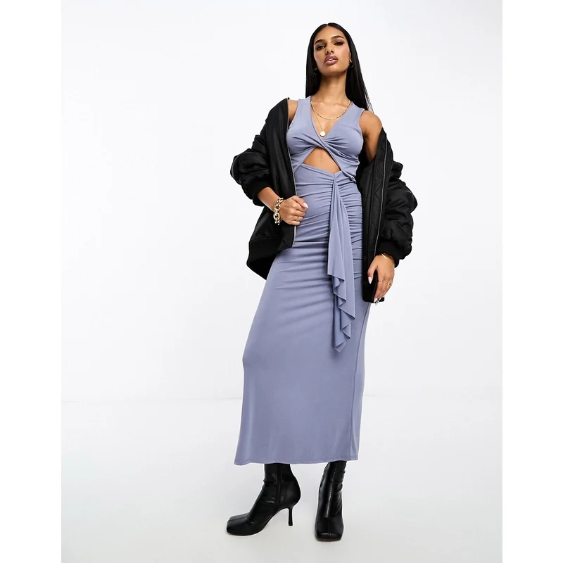 ASOS DESIGN Vestito lungo blu con arricciatura laterale e