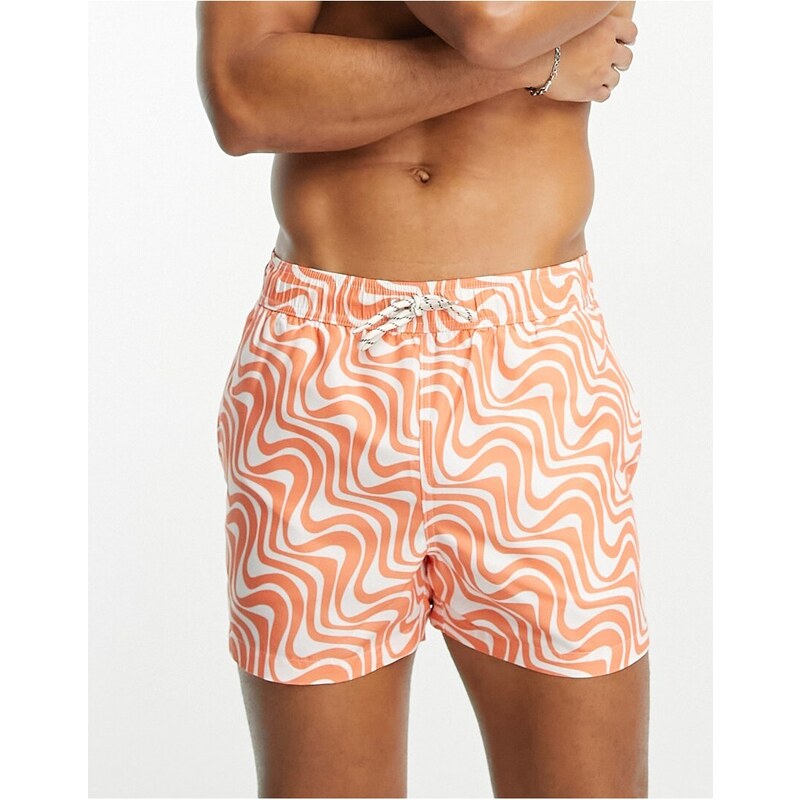 New Look - Pantaloncini da bagno arancioni con stampa a onde-Arancione