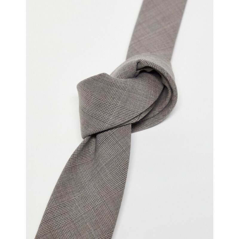 Noak - Cravatta sottile e fazzoletto da taschino marroni con motivo pied de poule-Marrone