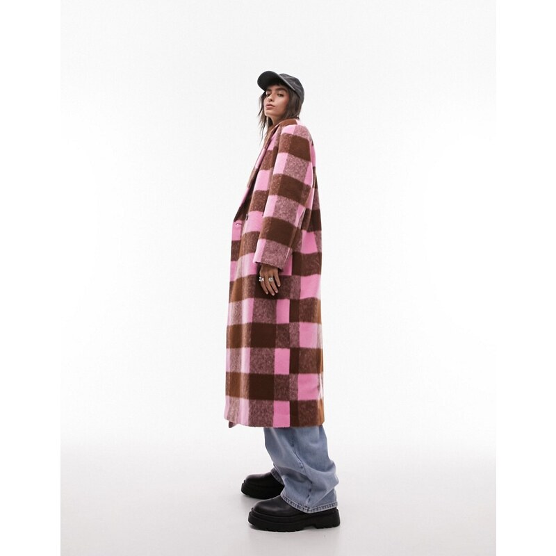 Topshop - Cappotto elegante taglio lungo rosa a quadri spazzolato