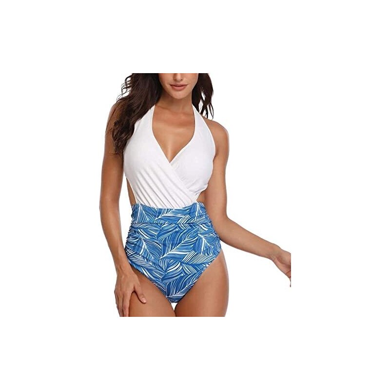MISSMAO Donna Costume da Bagno a Culotte Dimagrante Scollo Rotondo IT38 Blu Rosso