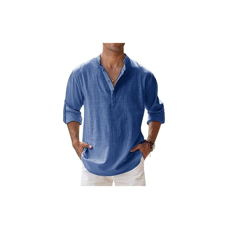 Camicia Uomo Lino Collo Serafino Mezzo Bottone Tinta Unita Casacca Sen - Foto 5