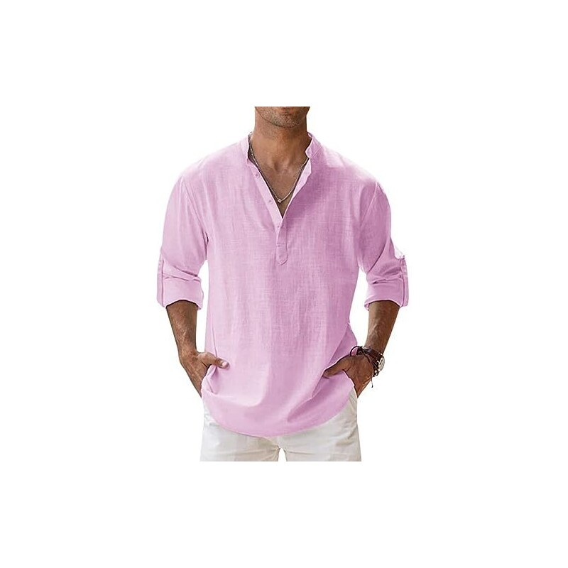 Camicia Uomo In Cotone E Lino - Henley Manica Lunga, Casual E Comoda Per Estate - Foto 7