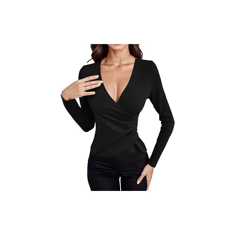 Maglietta Donna IChunhua Con Maniche A Cappuccio E Scollo A V - Tinta Unita Leggera Per Estate, Primavera E Autunno - Nero/Bianco