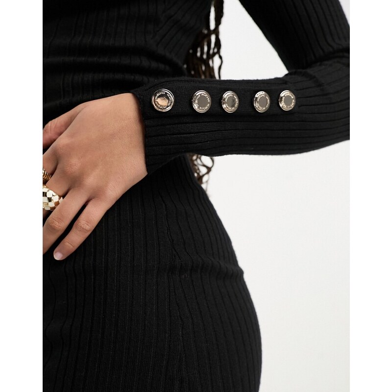 Morgan - Vestito corto accollato in maglia nero con bottoni sul polsino