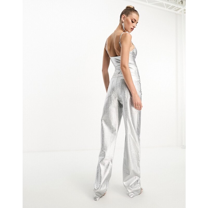 Naked Wardrobe - Pantaloni in pelle sintetica a fondo ampio color argento effetto coccodrillo