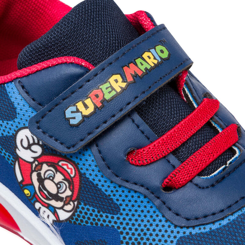 Sneakers primi passi da bambino blu con luci nella suola e stampa Super Mario
