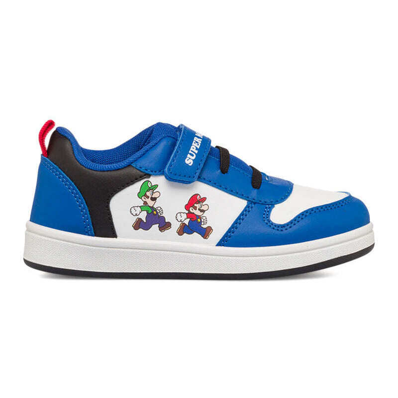 Sneakers primi passi blu e bianche da bambino con stampa Super Mario