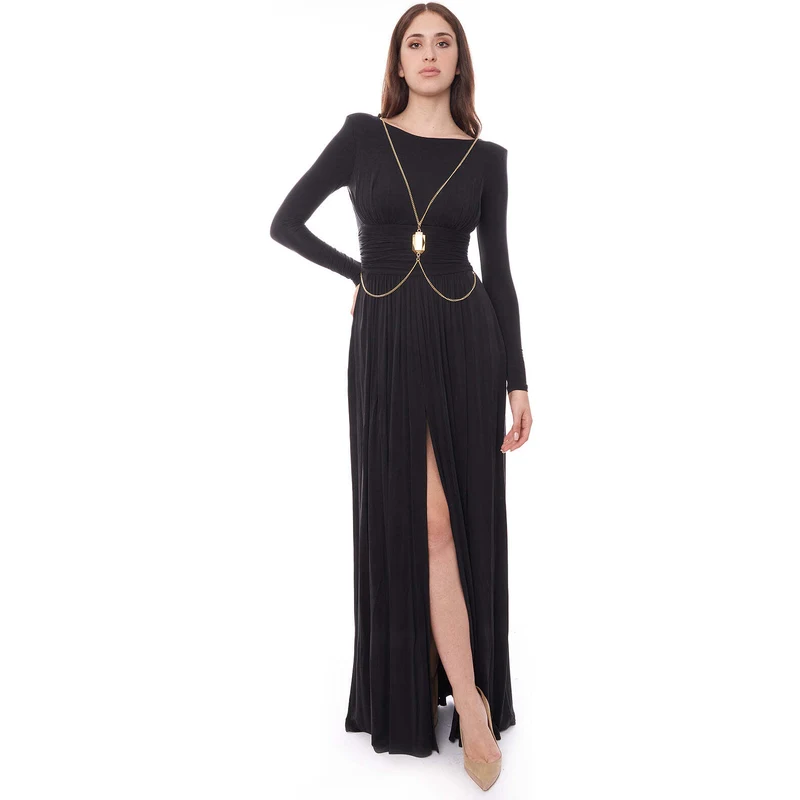 Elisabetta Franchi abito lungo satin con stampa alligatore marrone