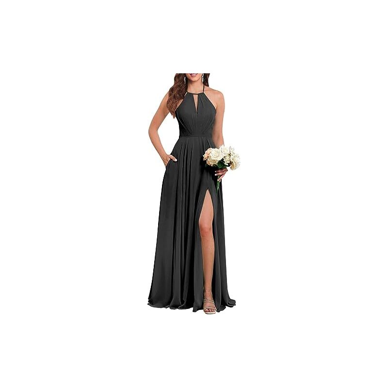 YIANN Abito da damigella d'onore da sposa con scollo a V in chiffon svolazzante lungo increspato A-Line senza maniche pieghettato per gli ospiti di nozze Abito con fessura per le donne, prugna