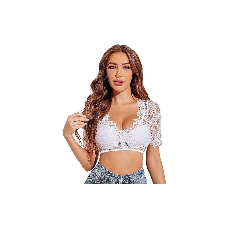 Per Donna Camicia Di Pizzo Pizzo Patchwork Bottoni Tinta Unica Elegante Casual Spiaggia Manica Corta Scollo A V Top Regolari Quotidiano Pizzo Patchwork Bottoni Bianco Azzurro P19715121