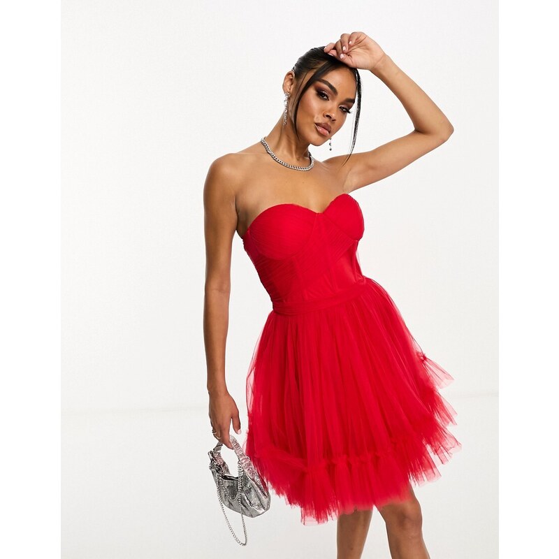 Lace & Beads - Vestito corto con strato in tulle rosso con corsetto