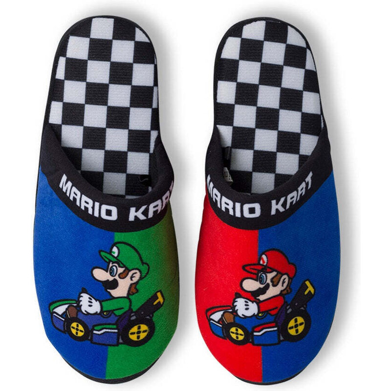 Pantofole blu, rosse e verdi da ragazzo con stampa Super Mario
