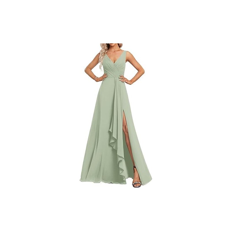 N/ C Abito da damigella d'onore da sposa lungo in chiffon V scollatura alta Split abito formale pieghettato partito