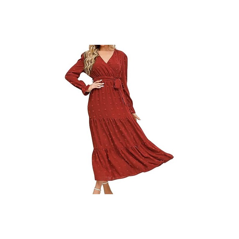 Abito Lungo Rosso A Maniche Lunghe In Cotone, Scollo A V, Elegante E Comodo, Taglie Forti, Per Cerimonie E Matrimoni, Adatto Per Donna Curvy E Di Classe