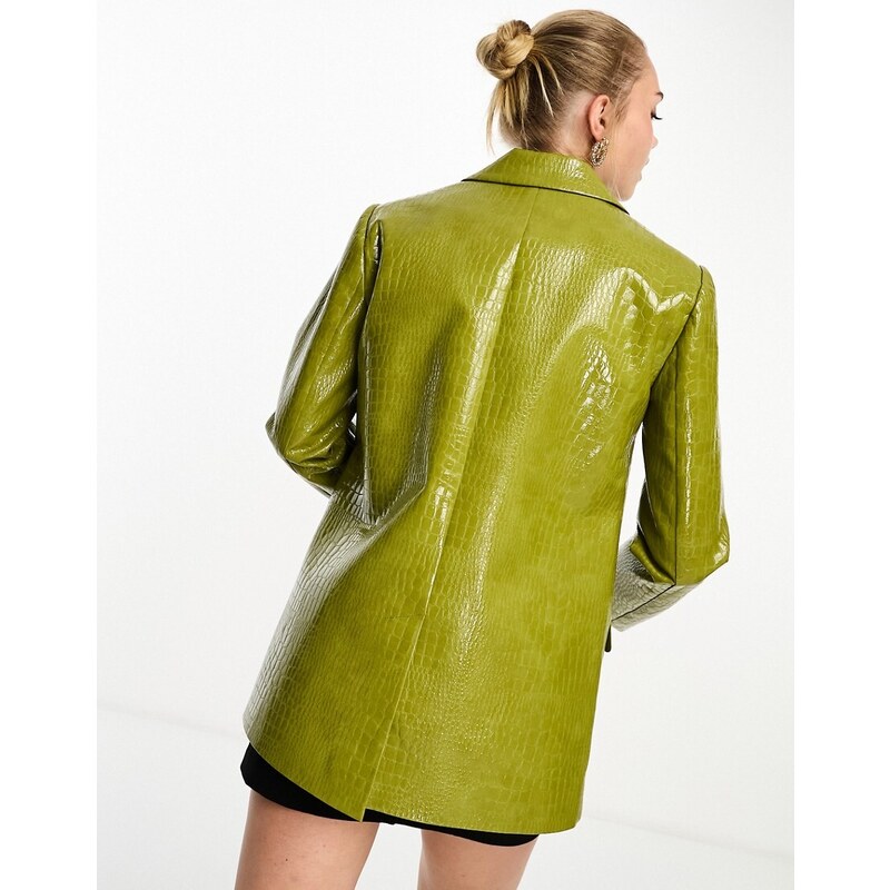 Miss Selfridge - Blazer oversize in pelle sintetica verde oliva effetto coccodrillo