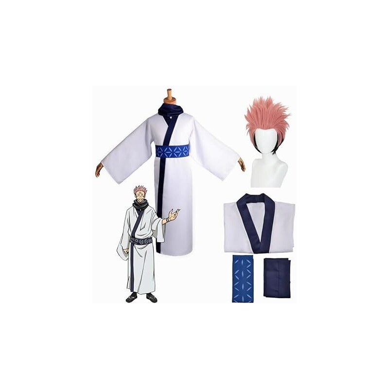 Costume Cosplay Completo Di Ryomen Sukuna - Kimono Bianco, Parrucca, Anello, Adesivi Tatuaggio, Per Halloween E Feste Anime
