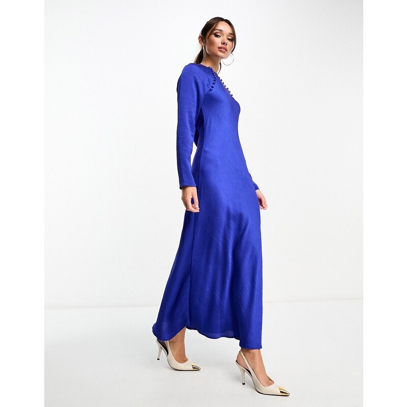 ASOS DESIGN - Vestito lungo asimmetrico in raso con bottoni cobalto-Blu