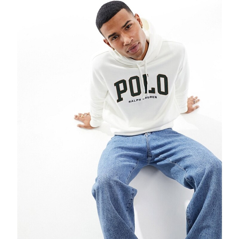 Polo Ralph Lauren - Felpa con cappuccio in pile color crema con logo college-Bianco