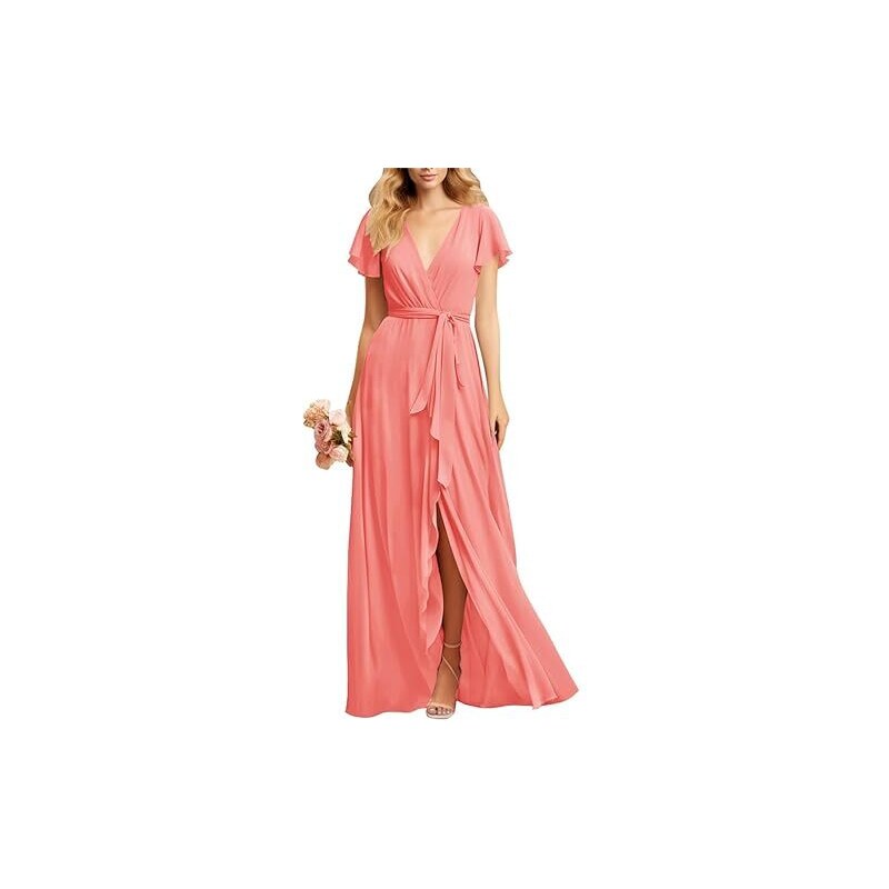 Abito Da Damigella D'Onore Lungo In Chiffon Con Scollo A V E Spacco – Linea A, Senza Maniche, Rosa Polvere, Taglia 46