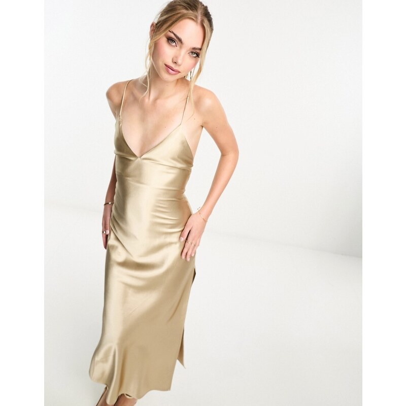Miss Selfridge - Vestito lungo in raso oro metallizzato con allacciatura sul retro