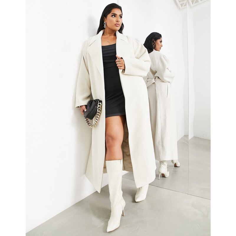 ASOS EDITION Curve - Cappotto in misto lana taglio lungo color crema con cintura-Bianco