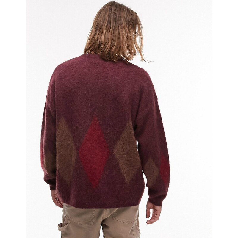 Topman - Maglione bordeaux in misto lana con losanghe grandi-Rosso