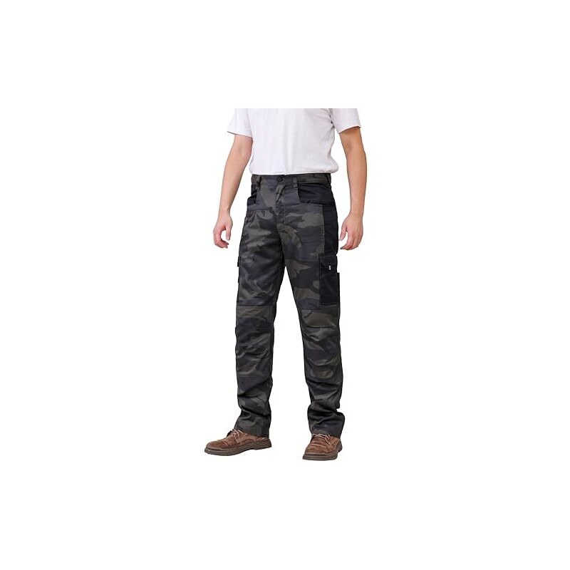 WORK IDEA - Pantaloni cargo da lavoro da uomo, con tasche interne al ginocchio, colore nero, Mimetico, XL