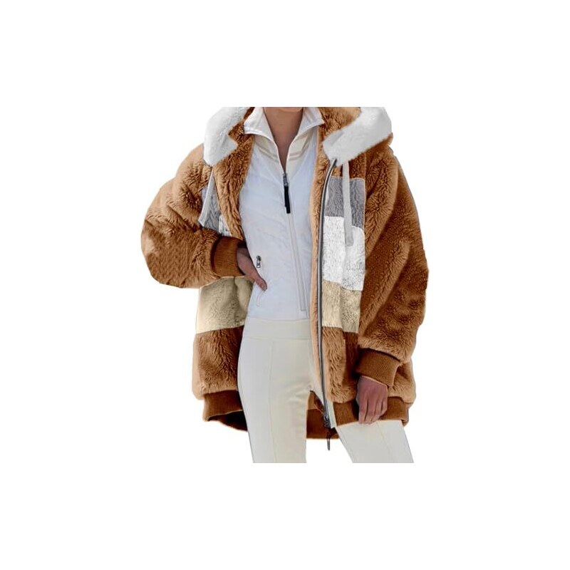 bubizhwo Giubbotto Pelliccia Ecologica con tasca con cerniera e cappuccio patchwork casual alla moda da donna Cappotto Frange (Khaki, M)