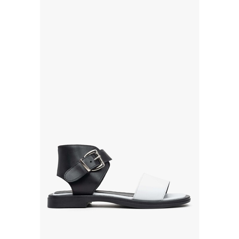 Women's Black & White Leather Flat Sandals Estro ER00113117
