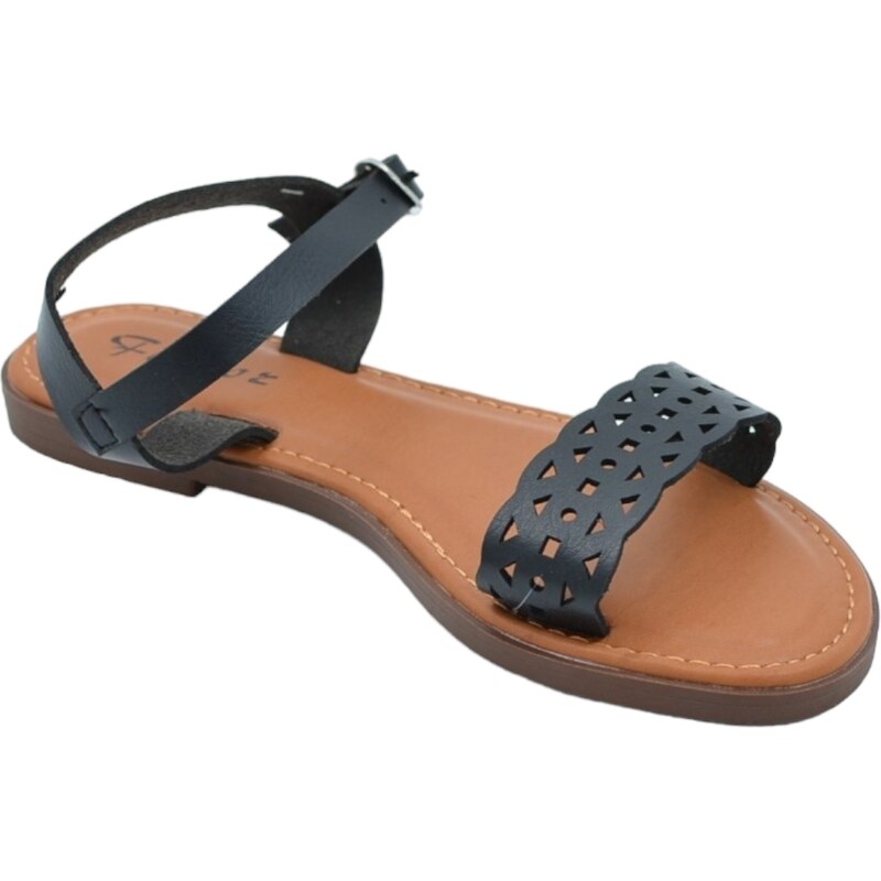 Malu Shoes Sandalo basso donna nero ragnetto con chiusura fibbia alla caviglia fascetta forata basic fondo morbido comodi