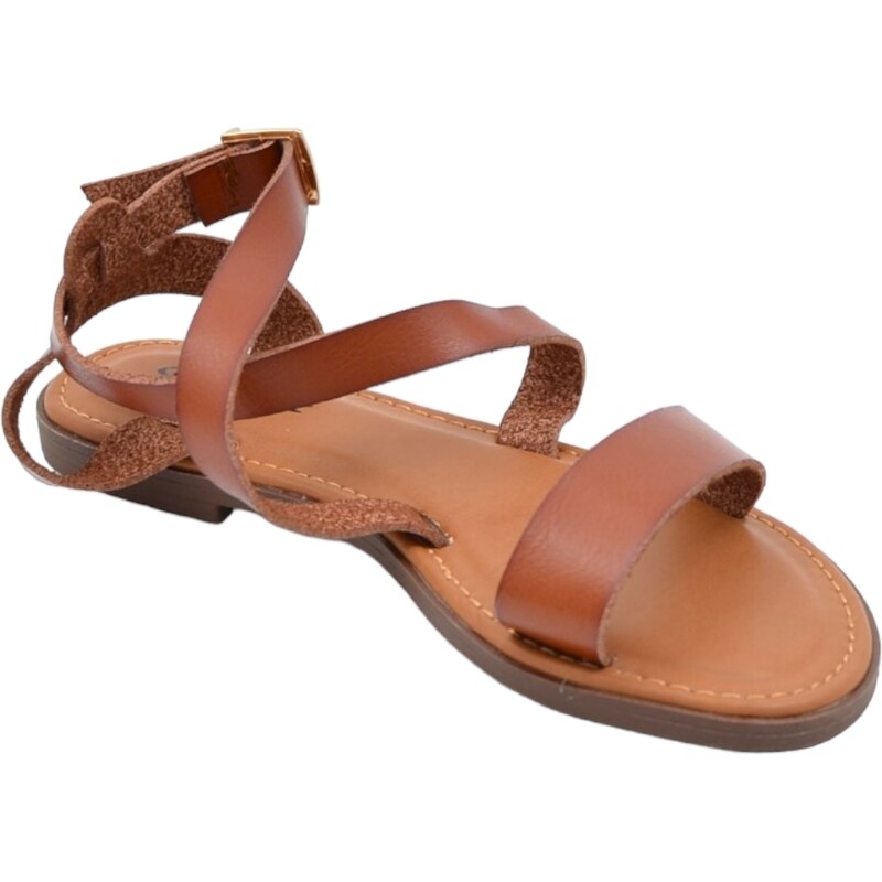 Malu Shoes Sandalo basso cuoio tre fasce in morbida pelle cinturino alla caviglia fibbia fondo antiscivolo comoda estate