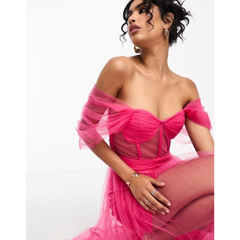 Esclusiva Lace & Beads - Vestito lungo a corsetto rosa in tulle