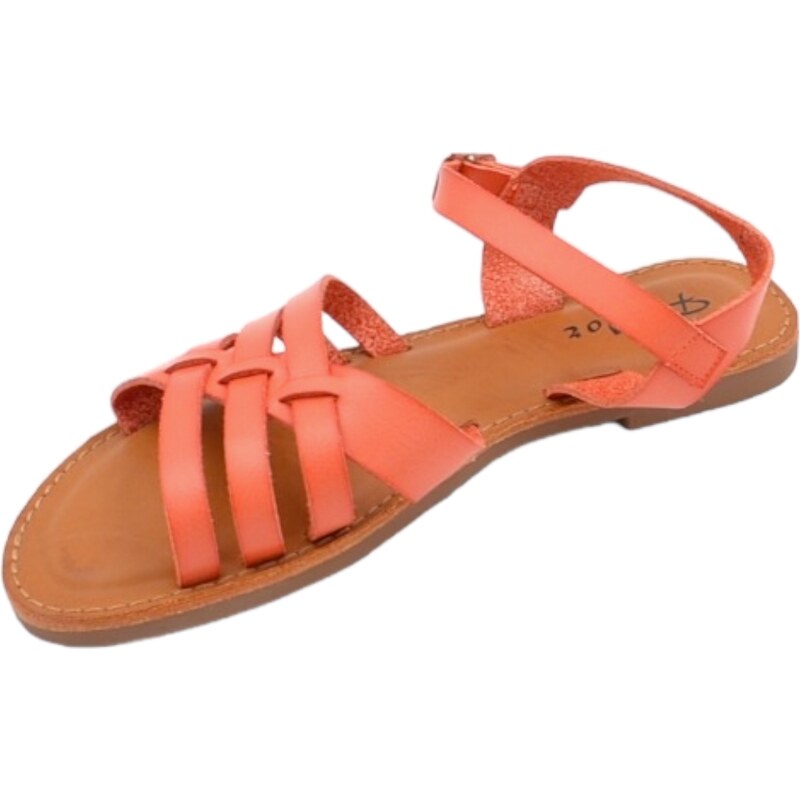 Malu Shoes Sandalo basso donna rosso corallo ragnetto con chiusura fibbia alla caviglia fascetta incrociata basic fondo morbido