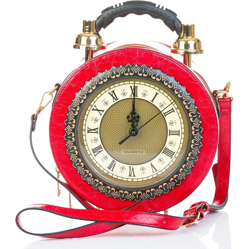 Borsa Tracy Clock con orologio funzionante con tracolla, Cosplay Steampunk, ecopelle, colore rosso, ARIANNA DINI DESIGN
