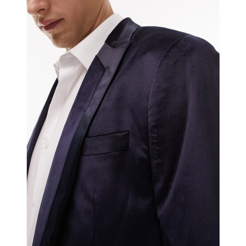 Topman - Blazer skinny monopetto in velluto blu navy con profili a contrasto