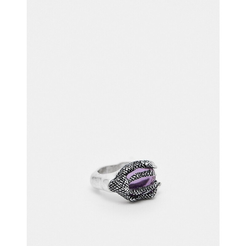 ASOS DESIGN - Anello argentato con design a forma di artiglio e cristallo viola-Argento