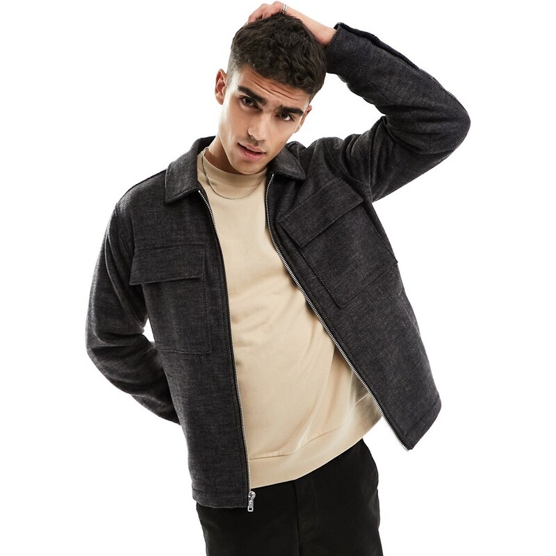Abercrombie & Fitch - Camicia giacca nera in lana con zip frontale-Nero