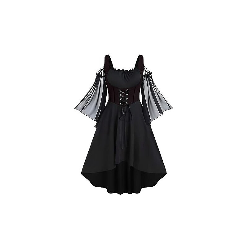 ShiFan Abito Lungo Medievale Donna In Pizzo – Costume Retrò Maniche Lunghe, Nero, Taglia XL, Vestito Maxi Bodeaux