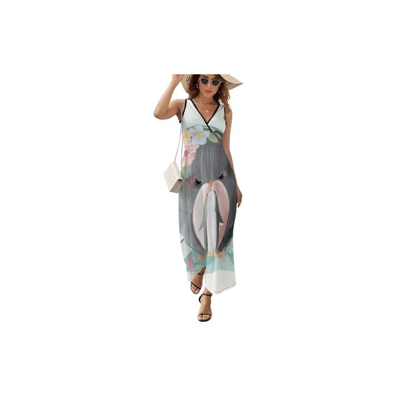 Abito lungo da donna, senza maniche, con scollo a V, stile bohémien, casual, per feste in spiaggia, bianco, S