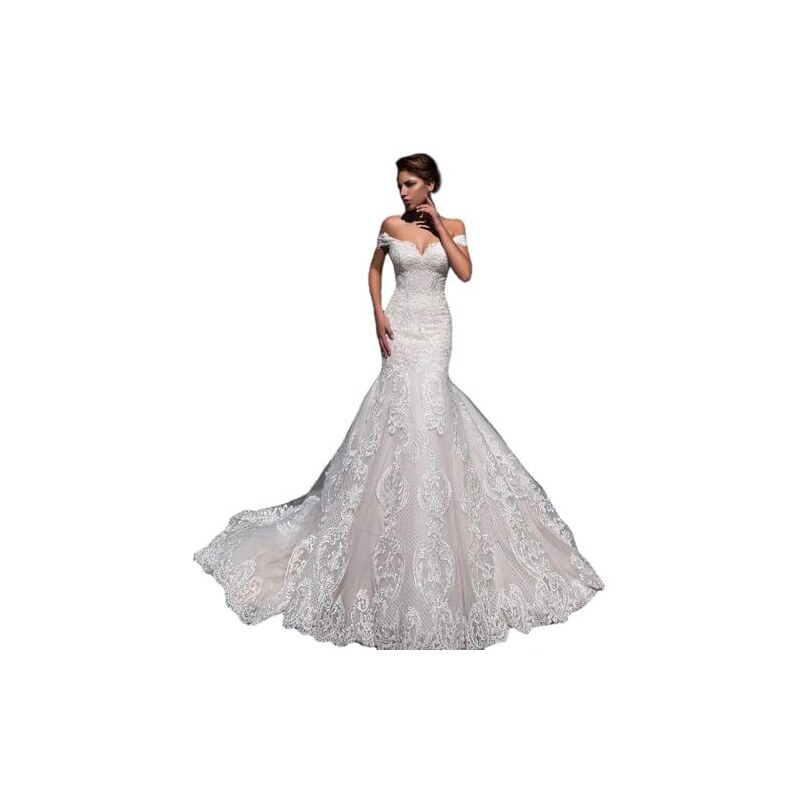 Abito Da Sera Donna In Pizzo - Scollo A V, Coda Di Pesce, Maniche A Lanterna, Sexy Per Matrimoni E Feste