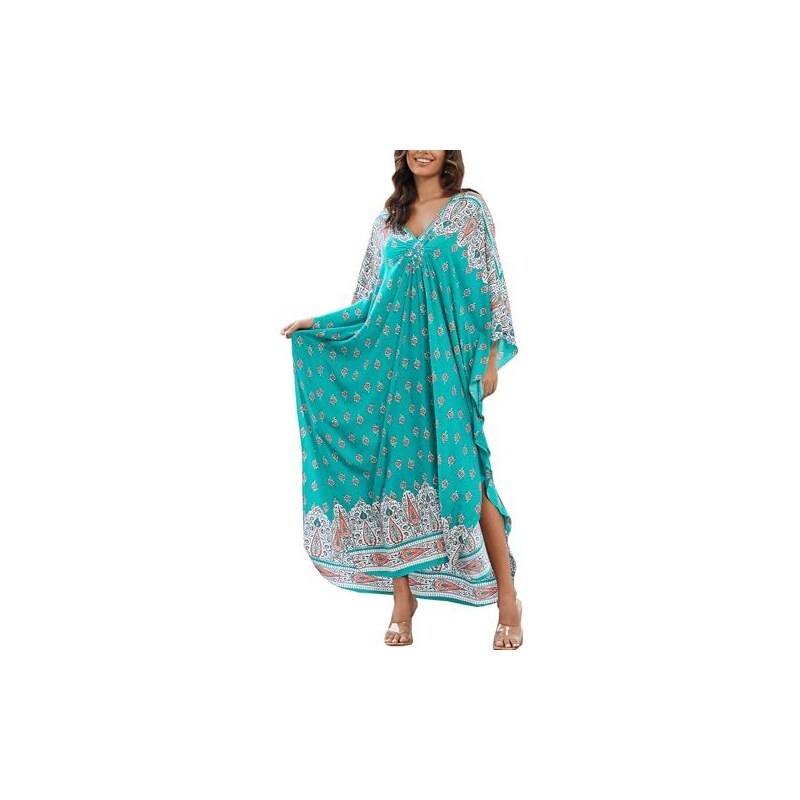 Donna Kaftan Abito Lungo Da Spiaggia – Copricostume In Cotone Morbido Con Ricami Etnici E Scollo A V