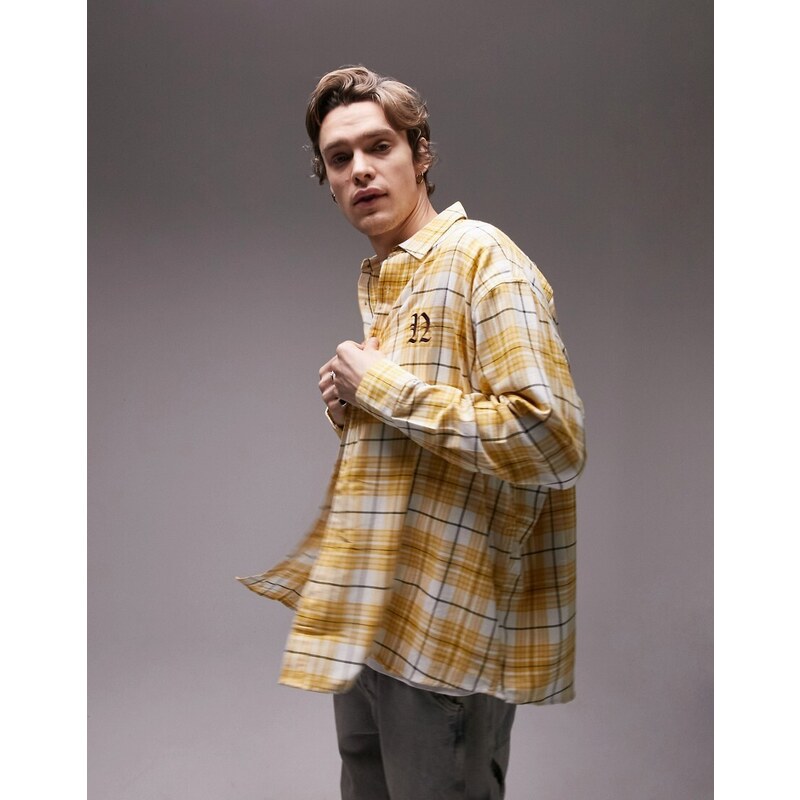 Topman - Camicia a maniche lunghe super oversize gialla a quadri con ricamo-Giallo