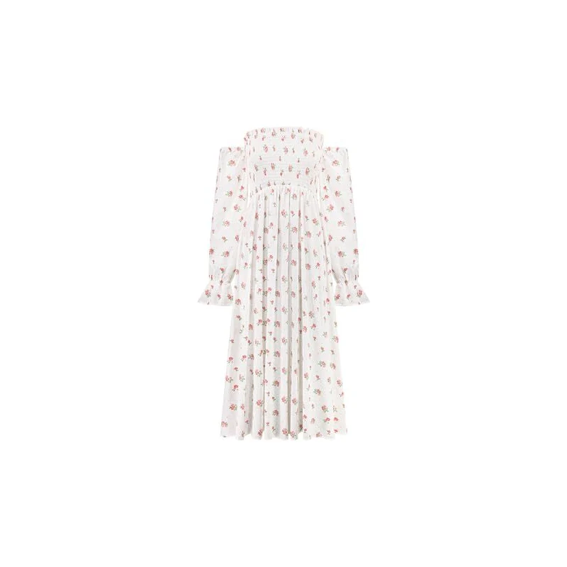 Abito Donna Boho Senza Spalle Con Stampa Floreale – Scollo A V Posteriore, Orlo Increspato, Chiffon