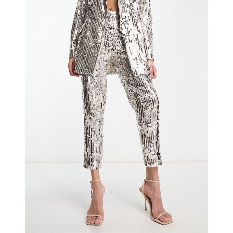 ASOS DESIGN - Pantaloni da abito a sigaretta con paillettes color argento